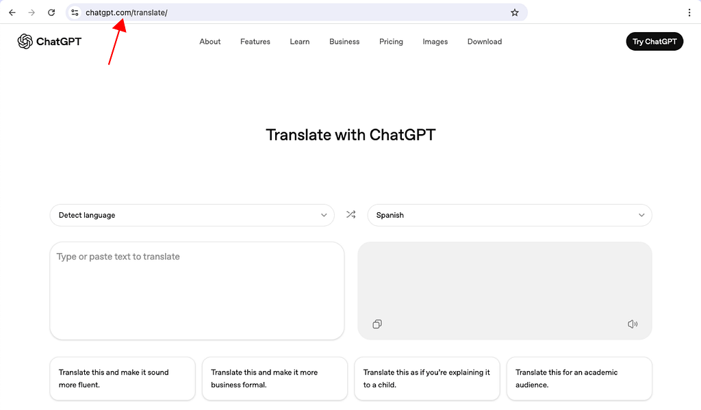 ChatGPT Translate interface