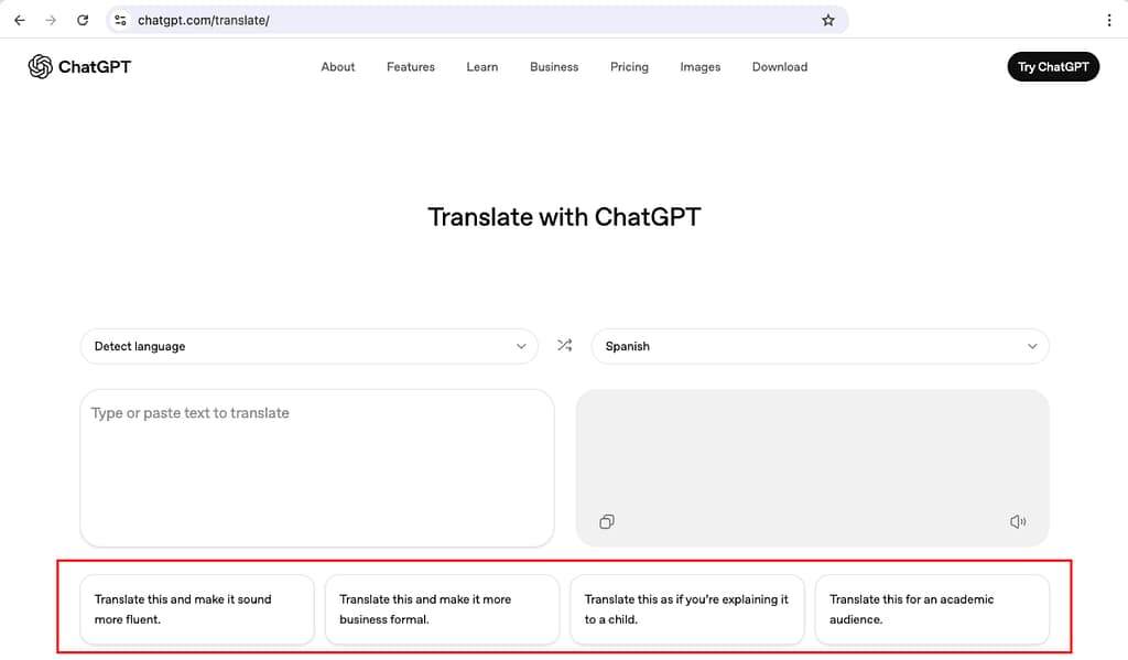 ChatGPT Translate features