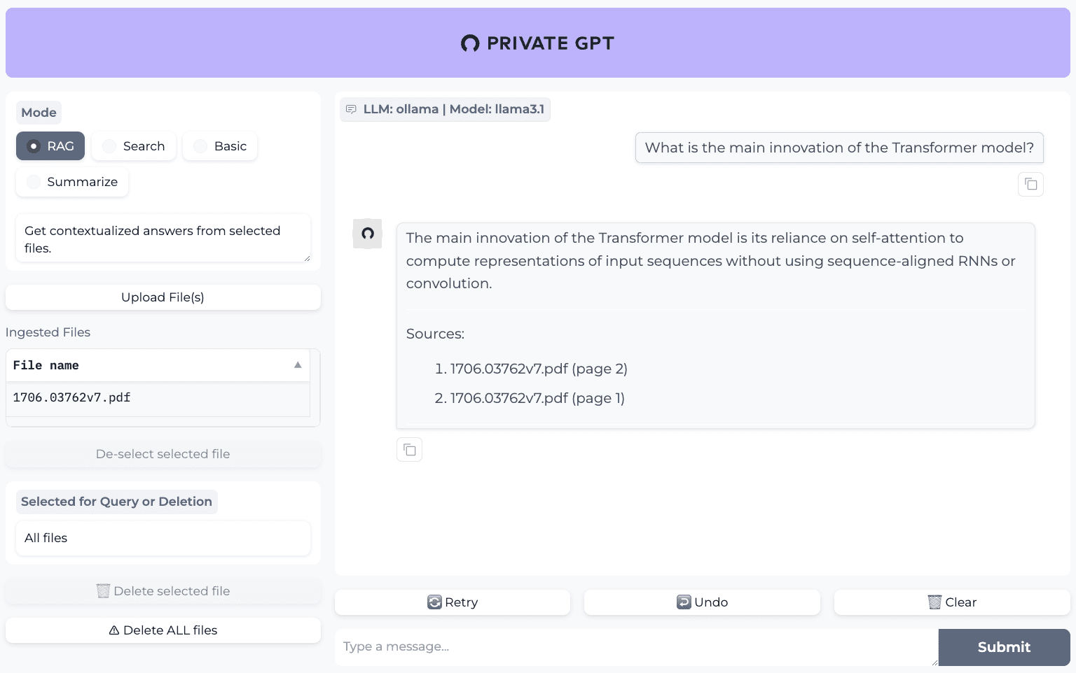 PrivateGPT screenshot
