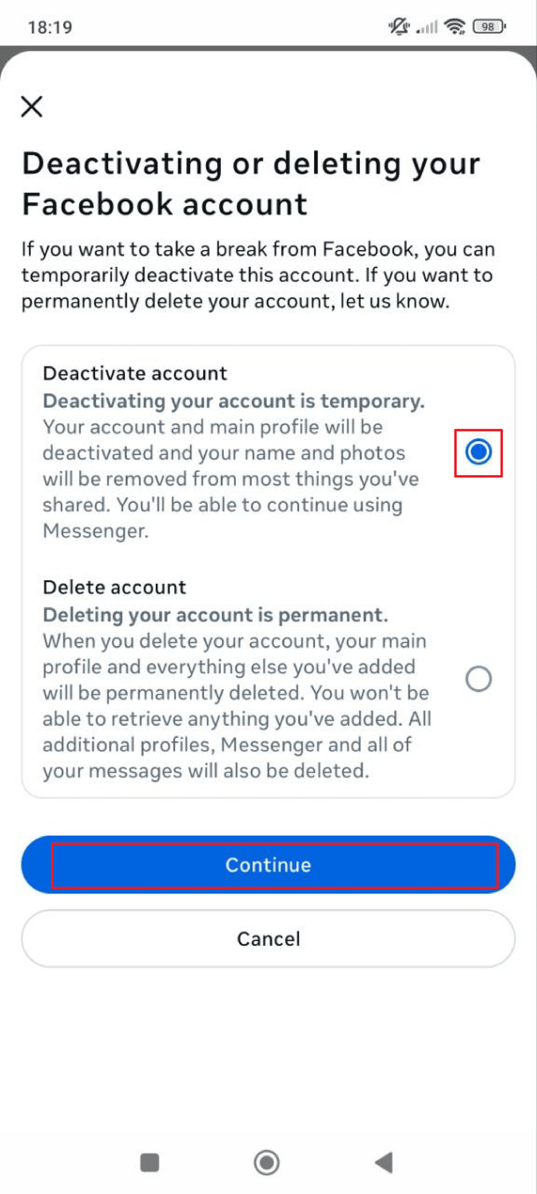 deactivate facebook: confirm