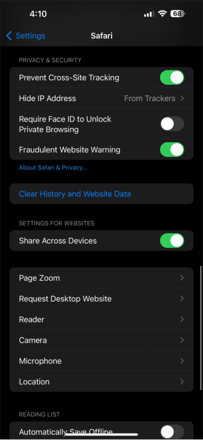 Tap Clear History and Website Data to get started.