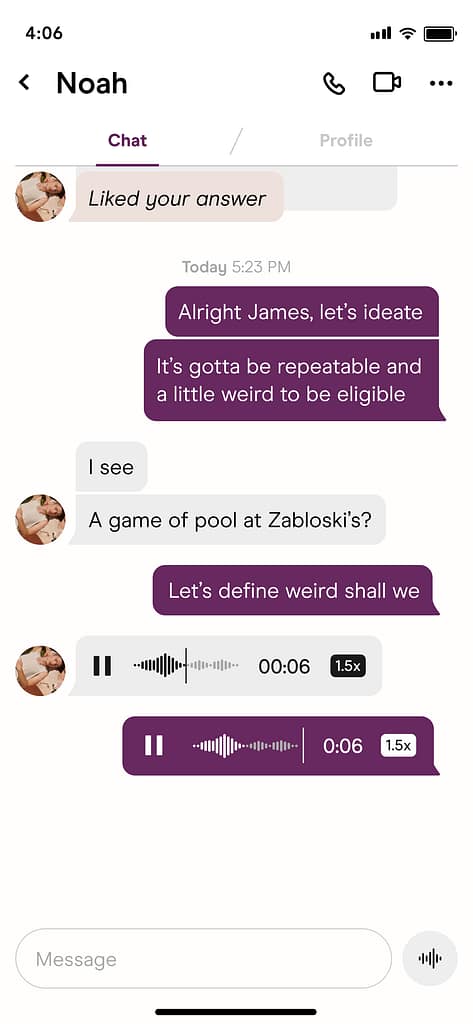 Hinge dating app chat and audio screenshot