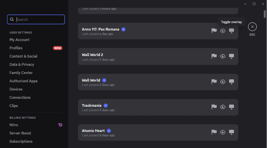 Click on the "Toggle Overlay" button next to the game you want to disable the overlay for.