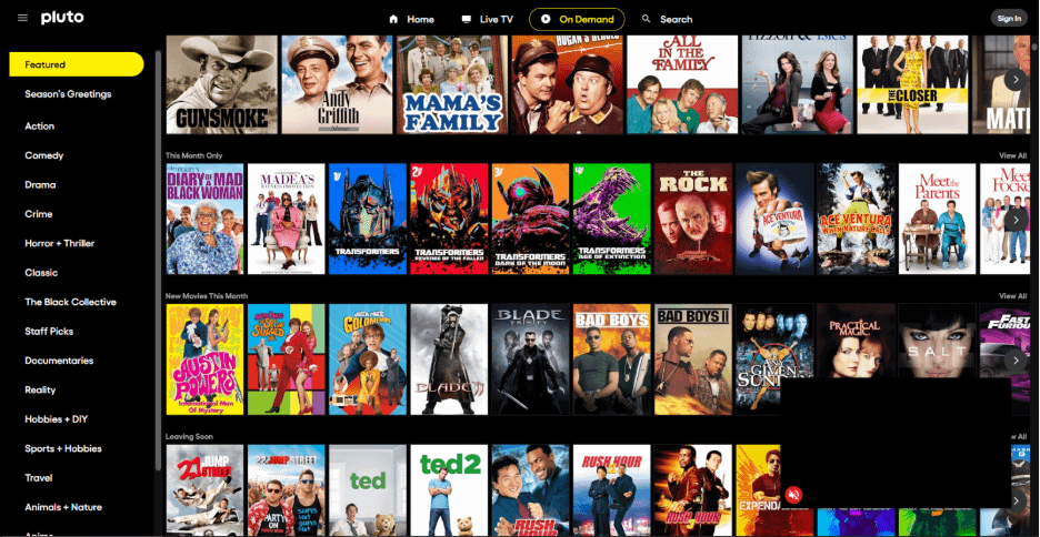 Pluto TV website screenshot