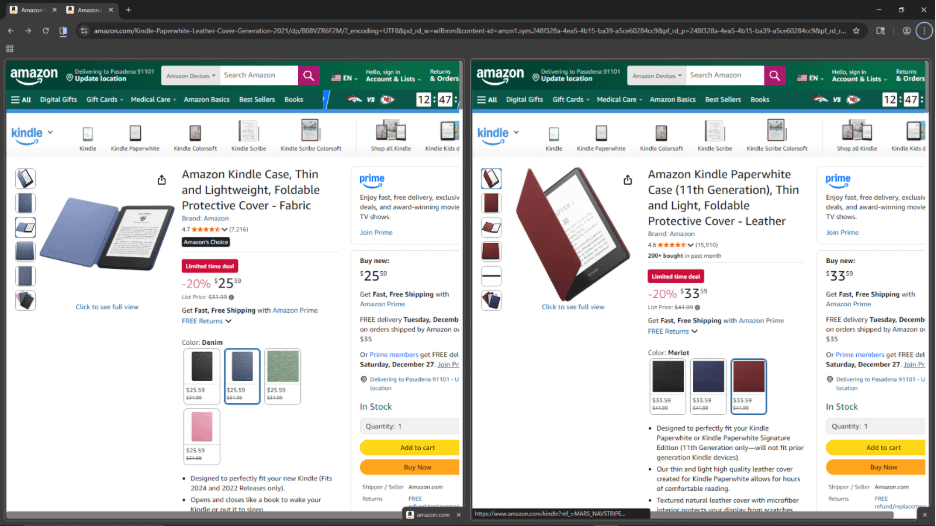 Comparing two products on Amazon is easy with split view!