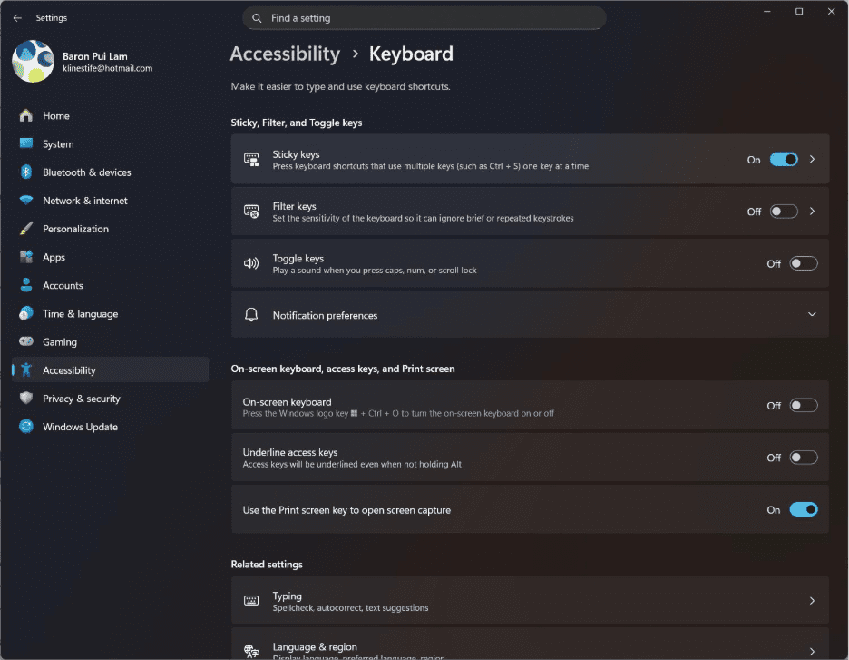 Toggle Sticky Keys on and off with the switch.