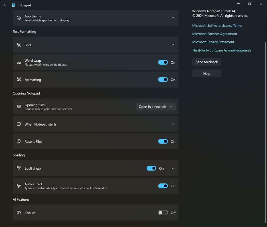 Turn off Notepad's AI features at the bottom.